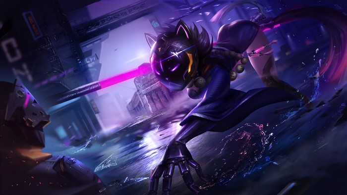 Ninja with cat mask in a sci-fi city