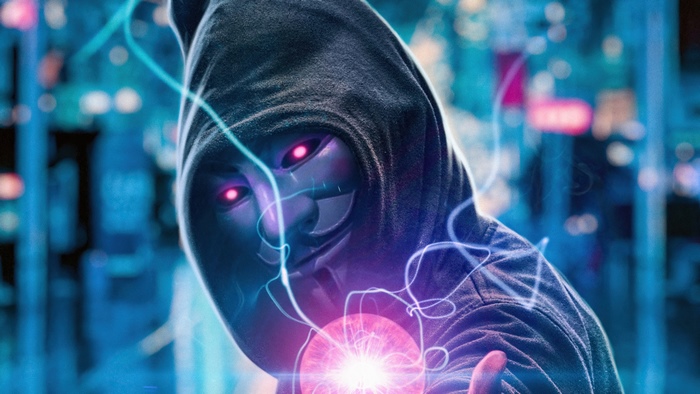 Anonymous hacker with glowing eyes and energy orb
