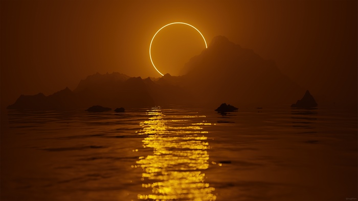 Digital art of a ring of light over mountains and water