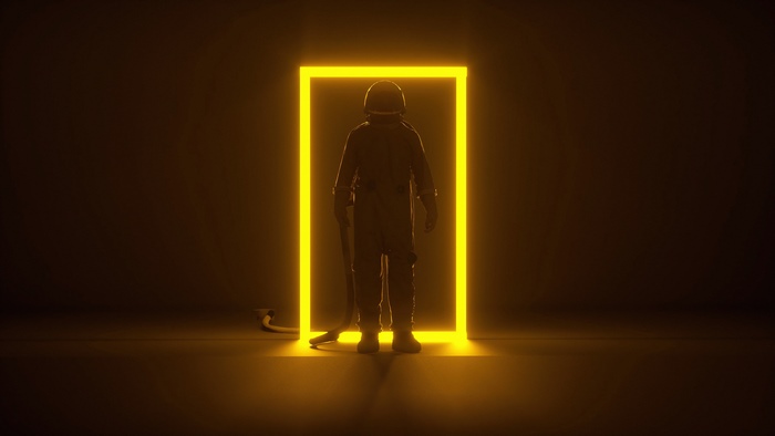 Astronaut standing in a yellow neon rectangle