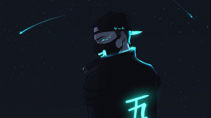 Man with mask and cap under starry sky