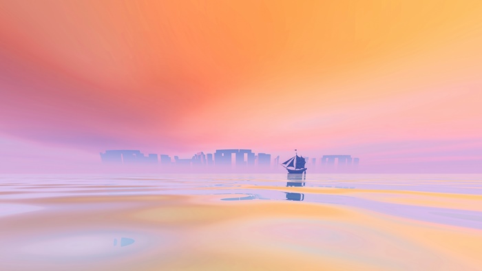 Sailboat approaching Stonehenge at sunset