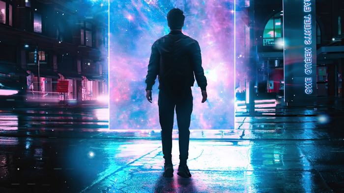 Man standing before a cosmic portal in a neon city
