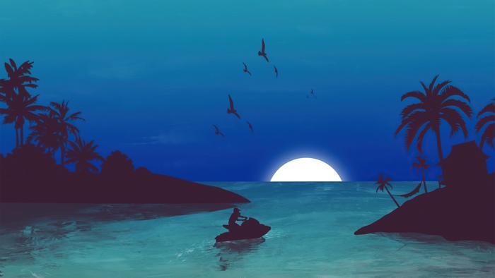 Minimalist digital art of a jet ski on the ocean at sunset