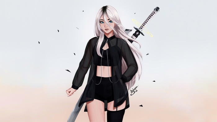 Artwork of a woman with a sword from Nier Automata