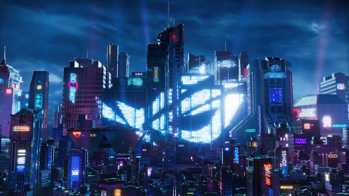 Republic of Gamers logo on futuristic city skyline