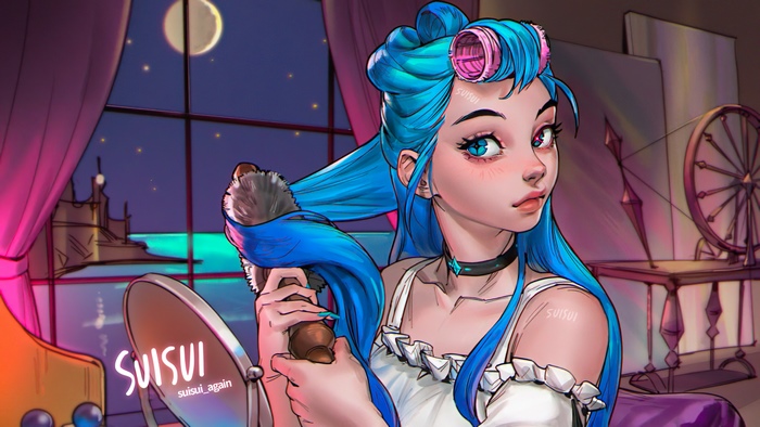 Jinx from League of Legends preparing her hair