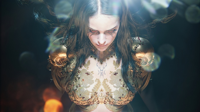 Artwork of a woman with ornate armor and red eyes