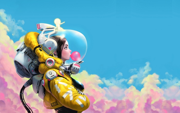 Girl in astronaut suit blowing bubblegum