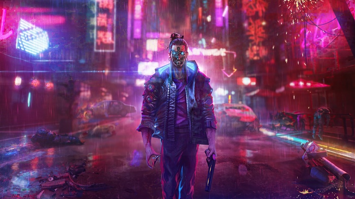 Cyberpunk 2077 character in neon city