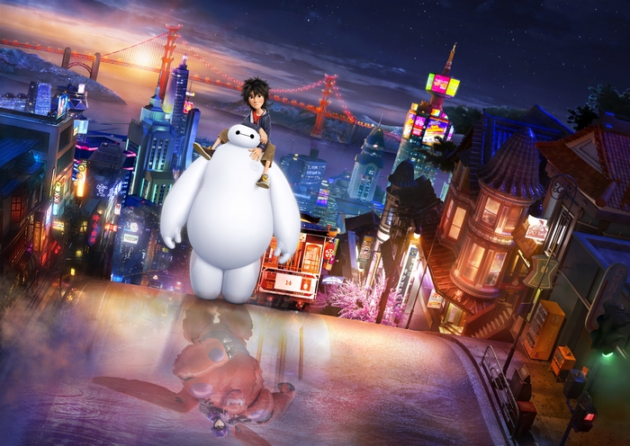 Hiro and Baymax from Big Hero 6 in San Fransokyo