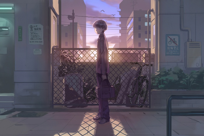 Anime boy with briefcase in front of buildings