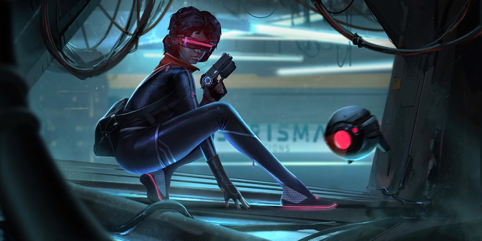 Woman with gun and drone in futuristic city