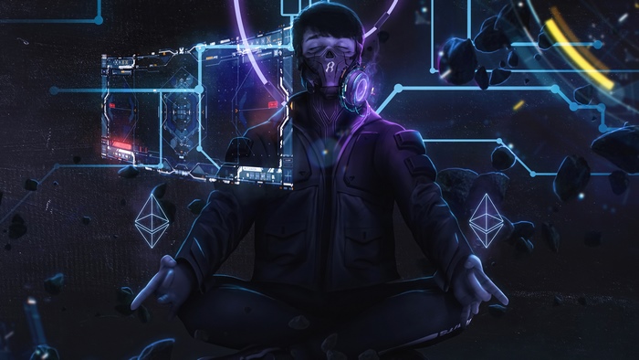 Man in mask meditating with Ethereum symbols and futuristic interface