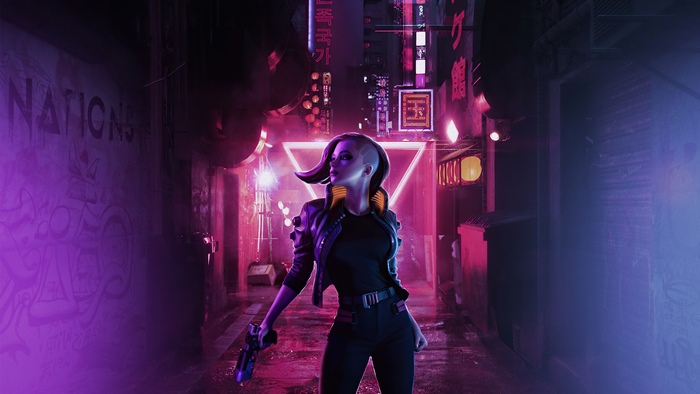 Cyberpunk woman with gun in neon alley