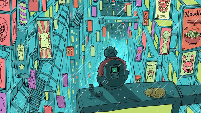 Person sitting on rooftop in rainy cyberpunk city