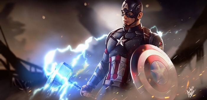 Captain America holding Mjolnir and his shield