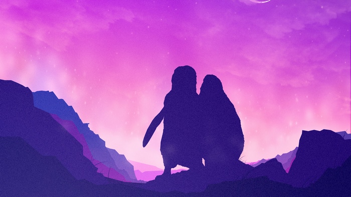 Two penguins silhouetted against a purple sky