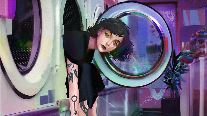 Woman emerging from a washing machine