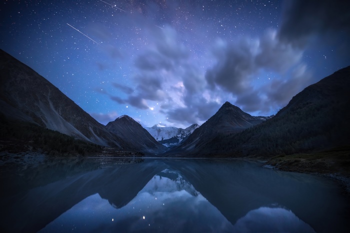 Mountains and lake under starry sky with milky way