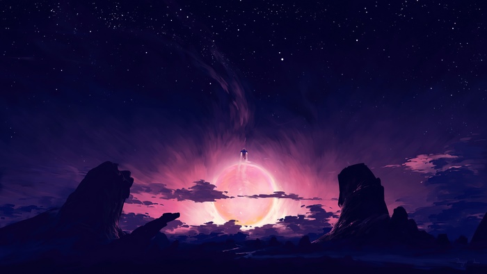 Man standing on a glowing planet under starry sky