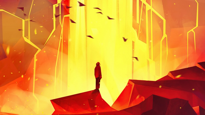 Person standing on red rocks with yellow geometric background