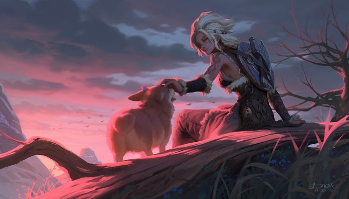 Woman petting a dog on a log at sunset