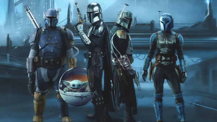 The Mandalorian and allies with Grogu
