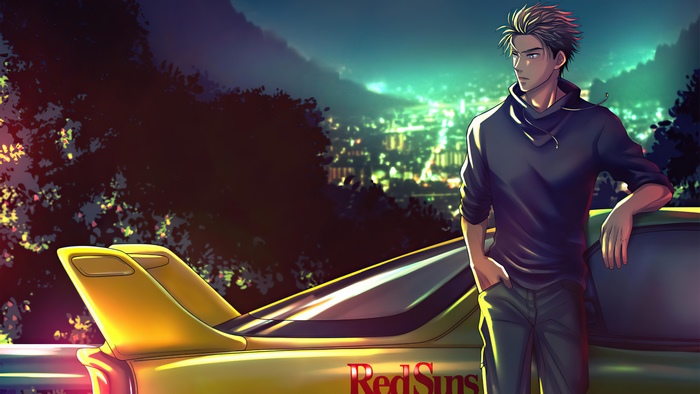 Man leaning on a car with city lights in the background