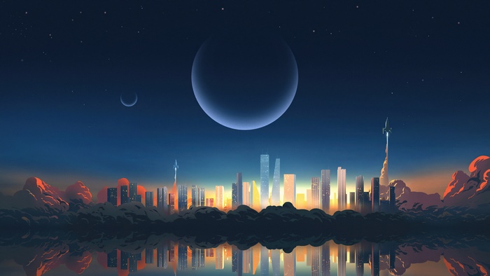 Digital Art Cityscape with Rockets and Planets