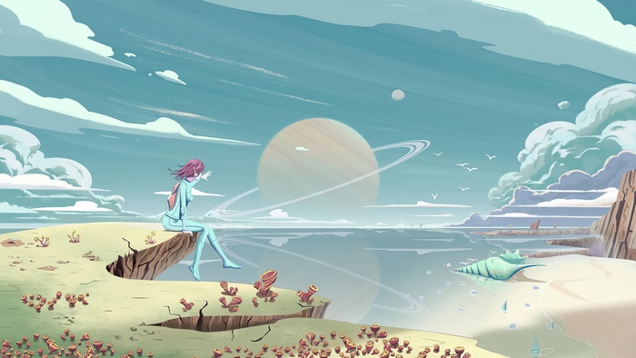 Sci-fi artwork of a woman on an alien planet