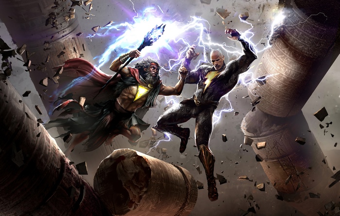 Black Adam fighting Zeus with lightning