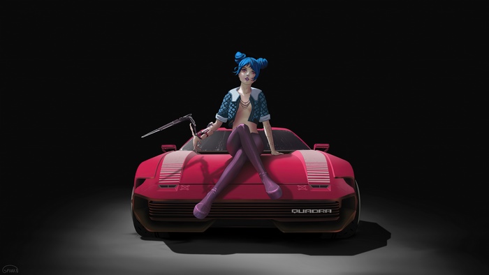Girl with blue hair and knife on a red car