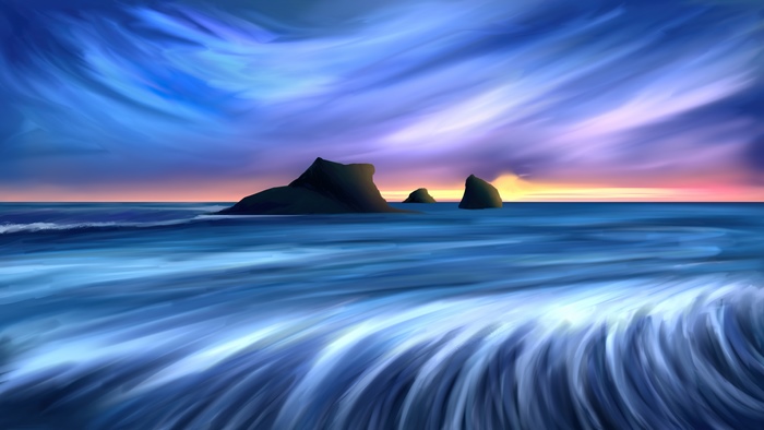 Digital Art of Ocean Waves and Islands at Sunset