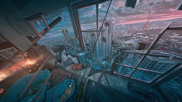 Anime girl sitting on a ruined building overlooking a city