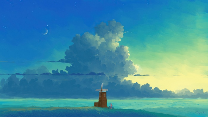 Digital art of a windmill and two people by the sea