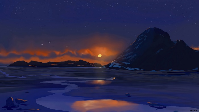 Digital art of a sunset over a frozen landscape
