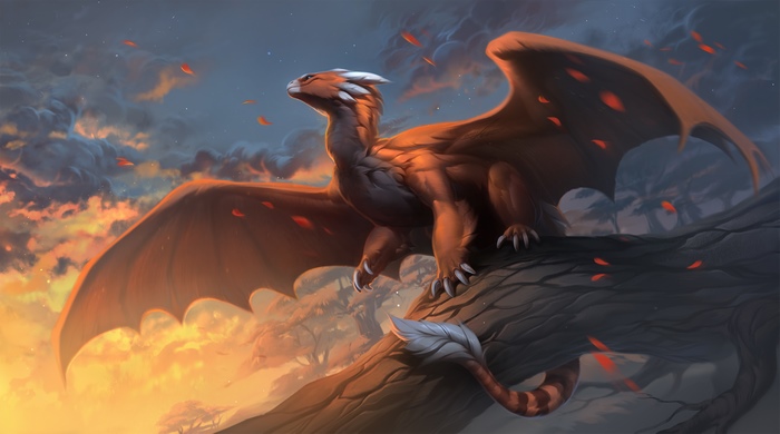 Dragon sitting on a tree branch at sunset