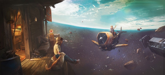 Children in a spaceship overlooking Earth