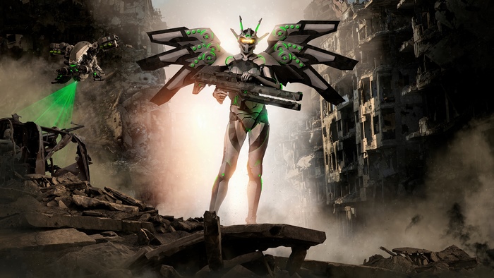 Sci-fi warrior with wings and guns in ruined city