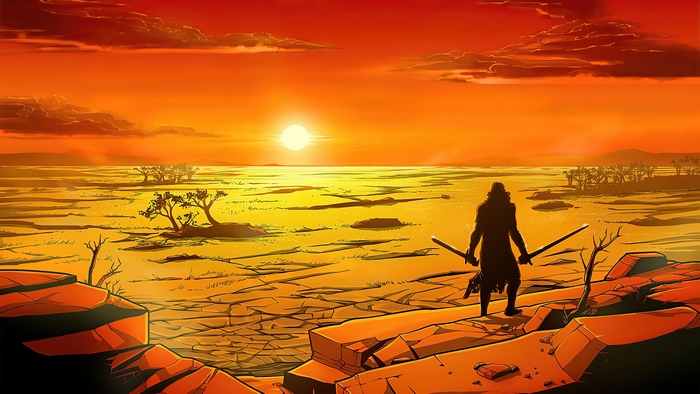 Warrior with swords in desert at sunset