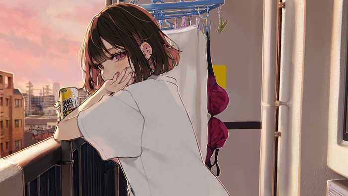 Anime Girl with Drink on Balcony at Sunset