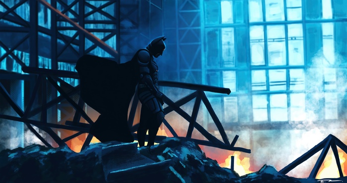 Batman in a destroyed industrial area