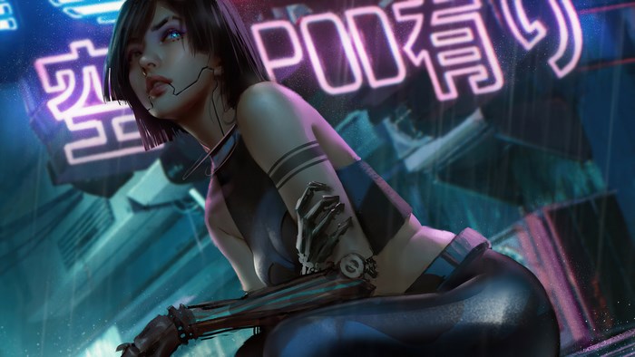 Cyberpunk cyborg woman with robotic arm
