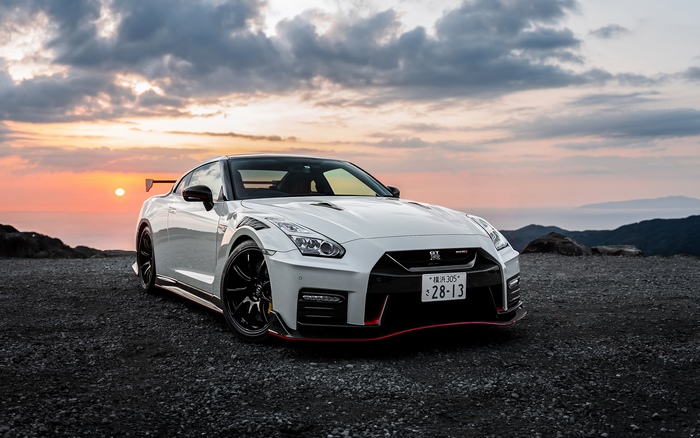 White Nissan GTR Sports Car at Sunset
