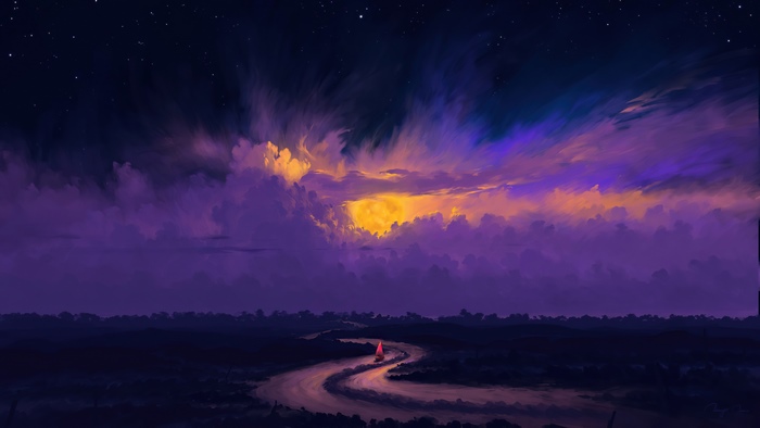 Digital art of a boat on a river at sunset