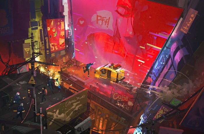 Cyberpunk Cityscape with Yellow Taxi and Police