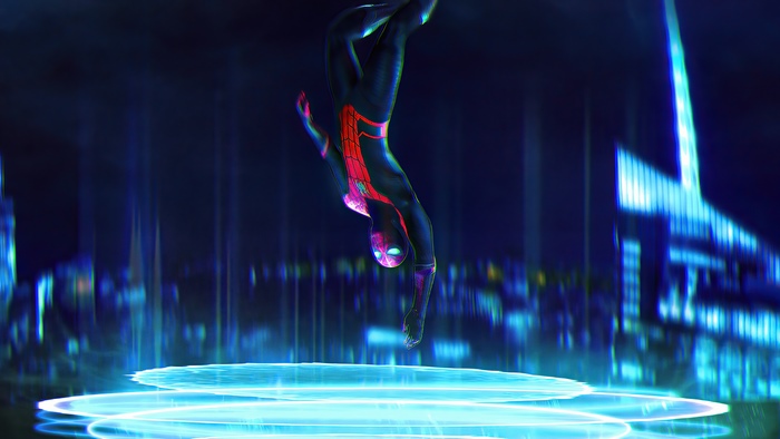 Spider-Man diving into a futuristic city