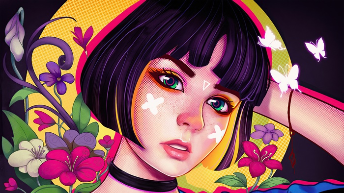 Digital Art Portrait of a Young Woman with Flowers and Butterflies