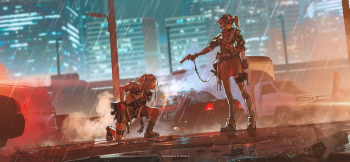 Two women in tactical gear in a rainy cyberpunk city